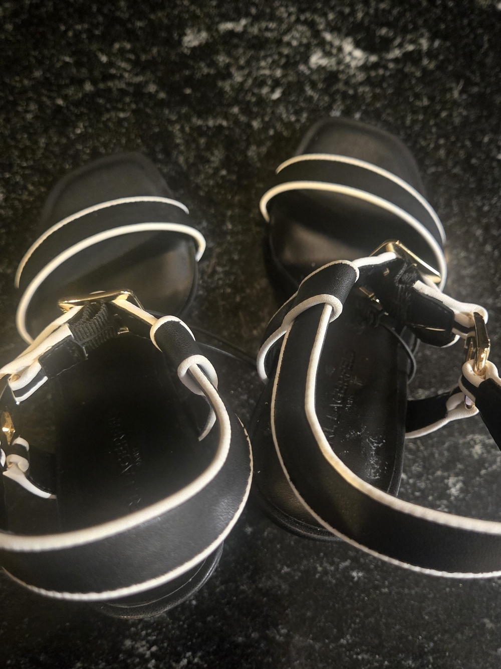 Karl Lagerfeld Black Heels with White Trim and Gold Buckles - Picture 8 of 9
